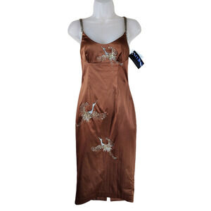 Julian Joyce sz 2‎ Cocktail Dress Women Slip Caramel Brown Sequin Cranes Vtg NEW
